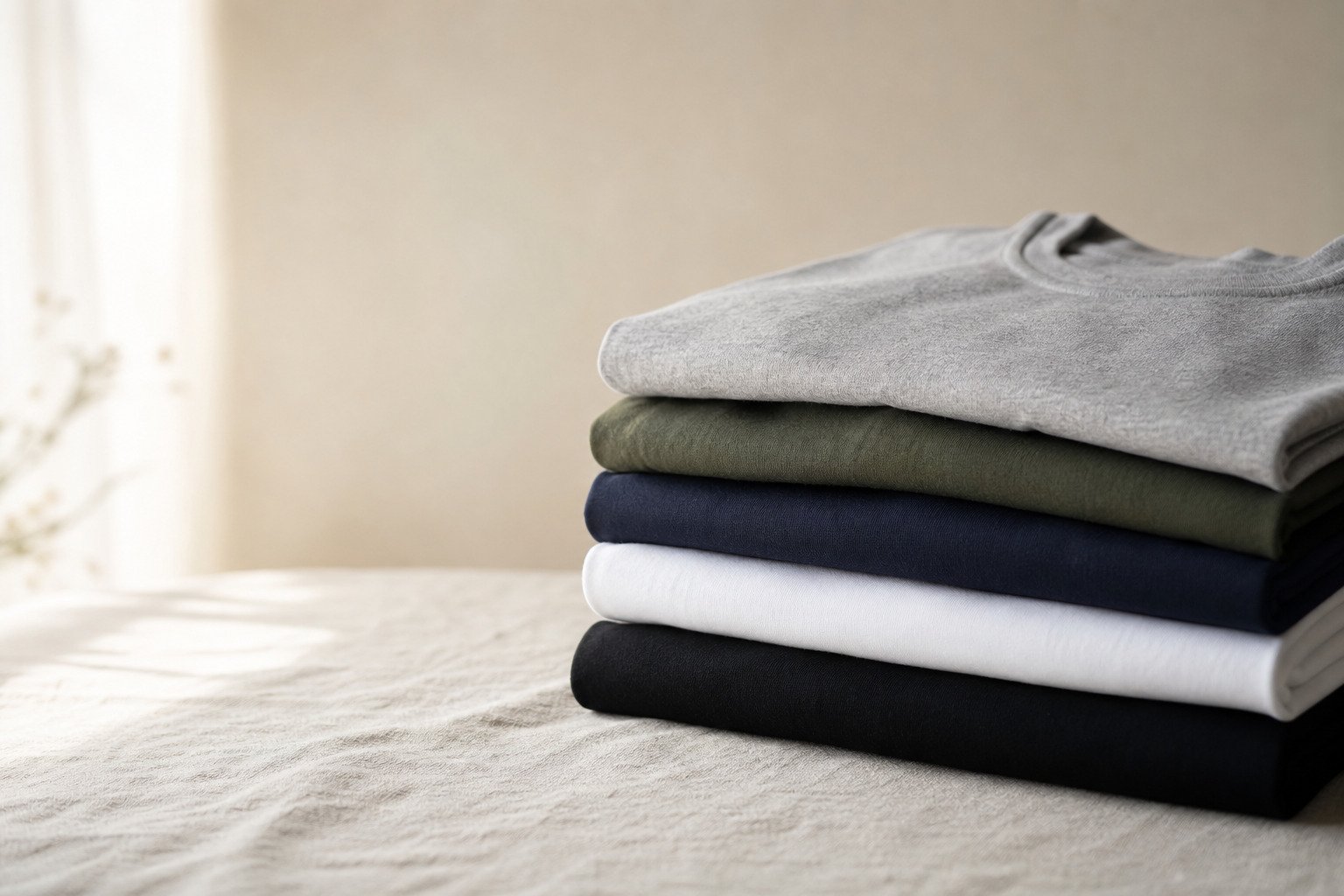Folded plus size cotton shirts on a light surface