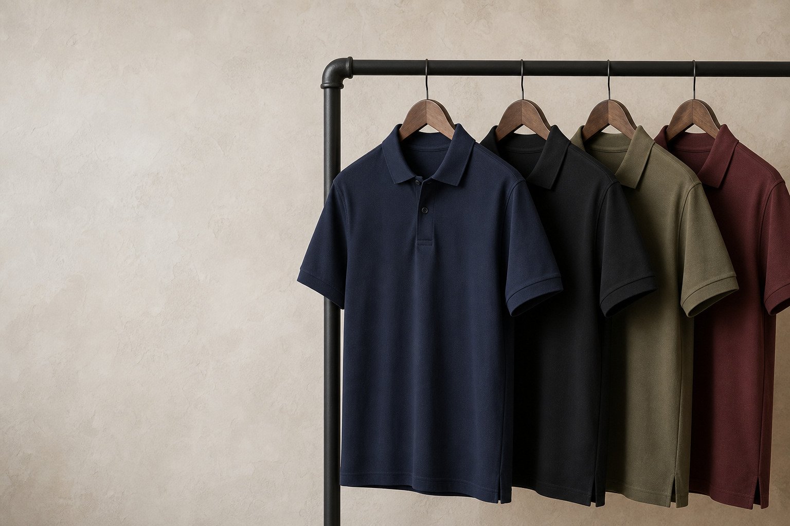Row of plus size polo shirts hanging on a rail