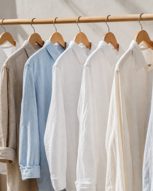 Freshly laundered cotton shirts drying on a wooden rail