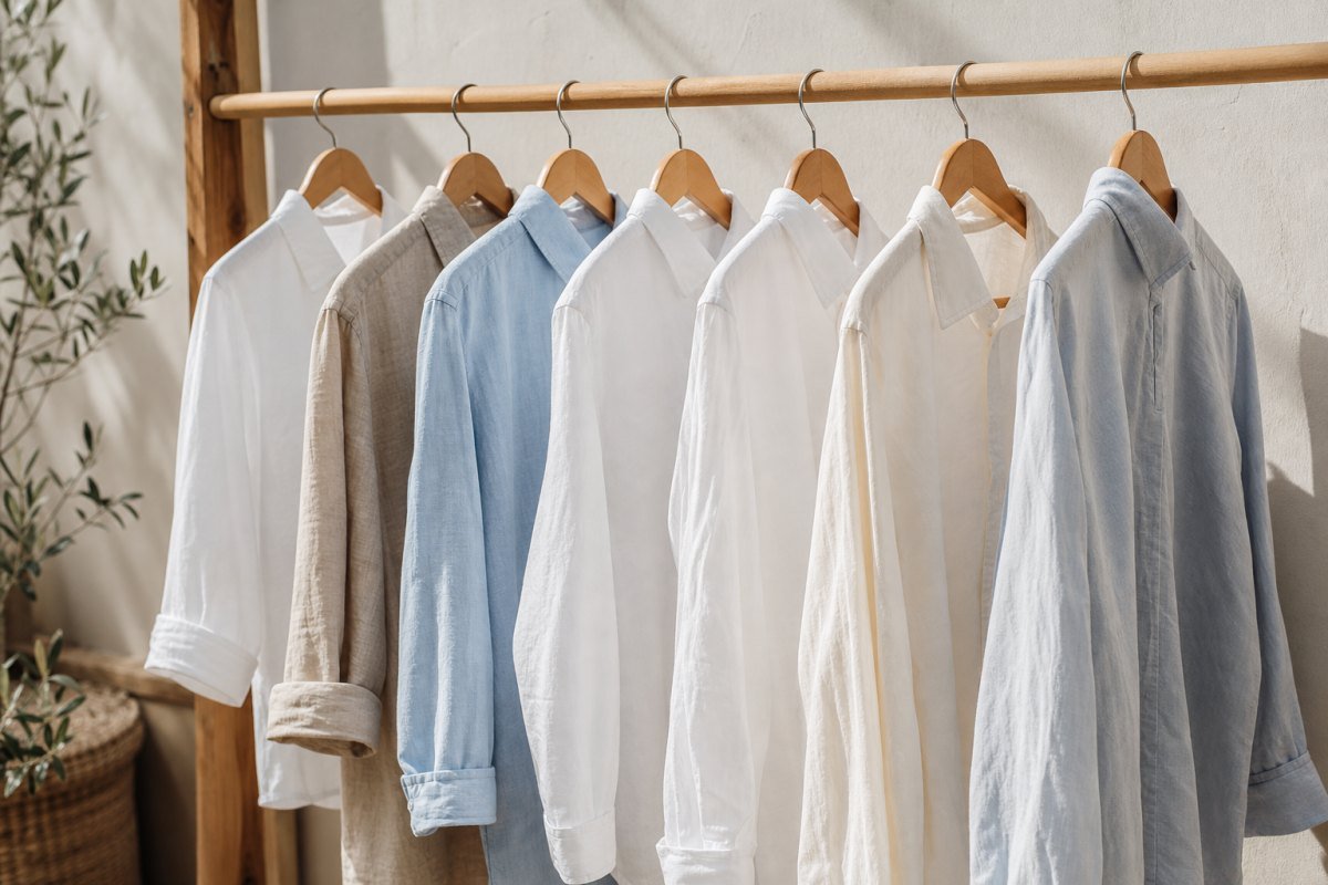 Freshly laundered cotton shirts drying on a wooden rail