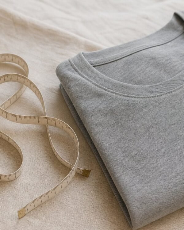 Measuring tape beside a folded grey cotton t-shirt