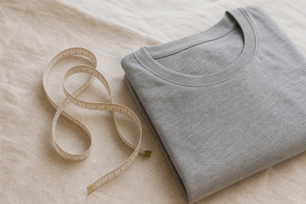 Measuring tape beside a folded grey cotton t-shirt
