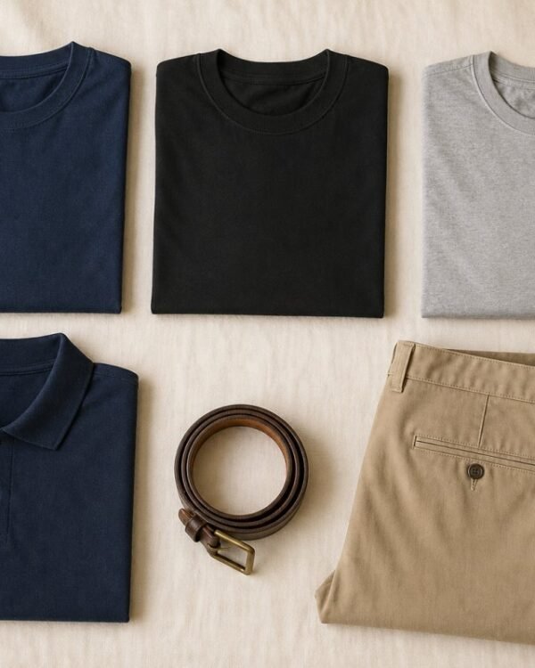 Capsule wardrobe flat lay of folded t-shirts, a polo and chinos
