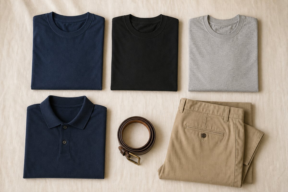 Capsule wardrobe flat lay of folded t-shirts, a polo and chinos
