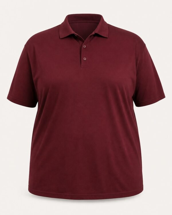 Maroon plus size jersey polo shirt, front view