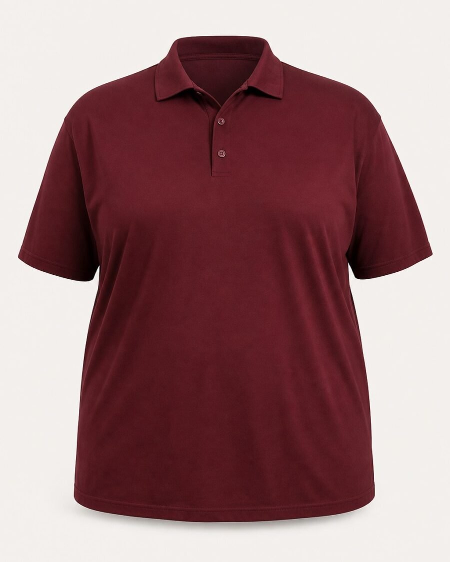 Maroon plus size jersey polo shirt, front view