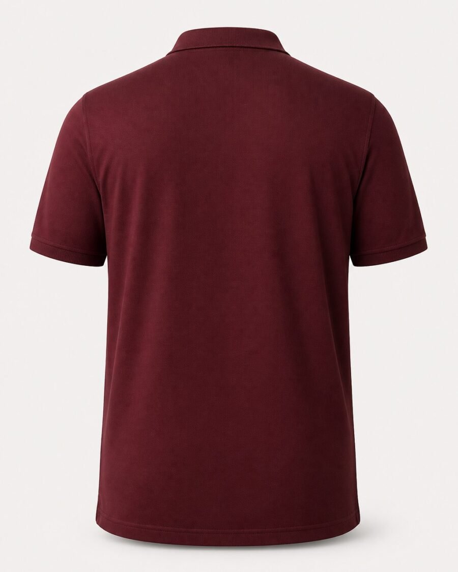 Maroon plus size jersey polo shirt, back view