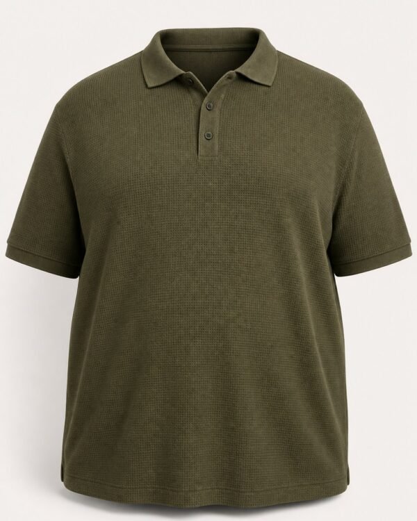 Olive plus size textured knit polo shirt, front view