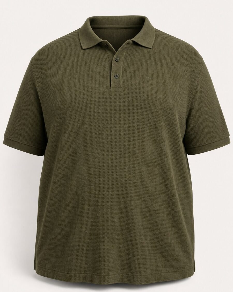 Olive plus size textured knit polo shirt, front view