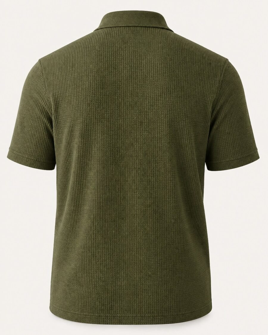 Olive plus size textured knit polo shirt, back view