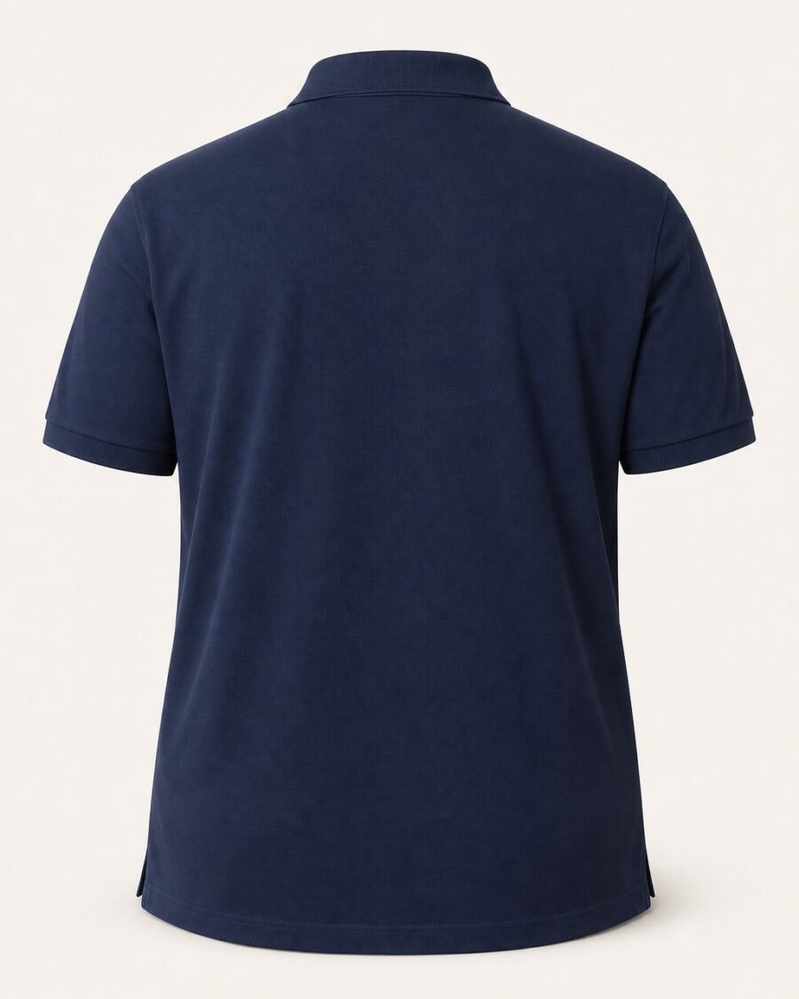 Navy plus size pique cotton polo shirt, back view