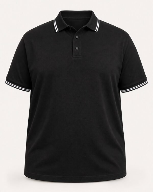 Black plus size polo shirt with tipped collar, front view
