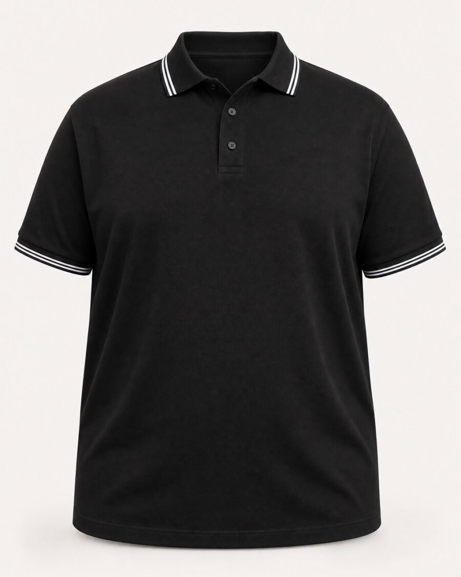 Black plus size polo shirt with tipped collar, front view