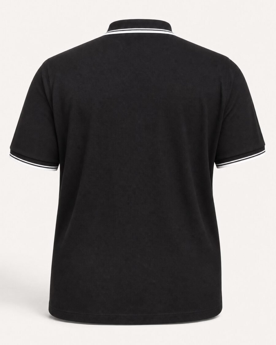Black plus size polo shirt with tipped collar, back view