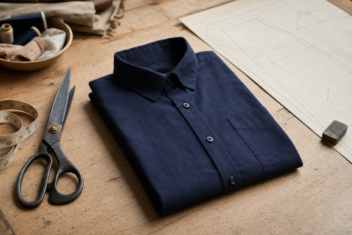 Measuring tape, shears and a folded shirt on a pattern table