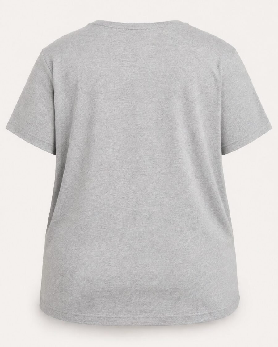 Grey melange plus size henley neck t-shirt, back view
